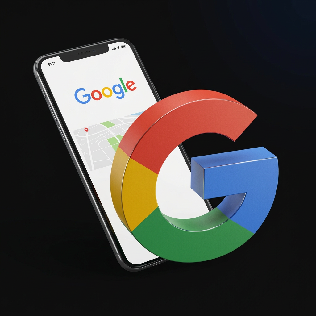 Celular com mapa do Google e símbolo G multicolorido em três dimensões