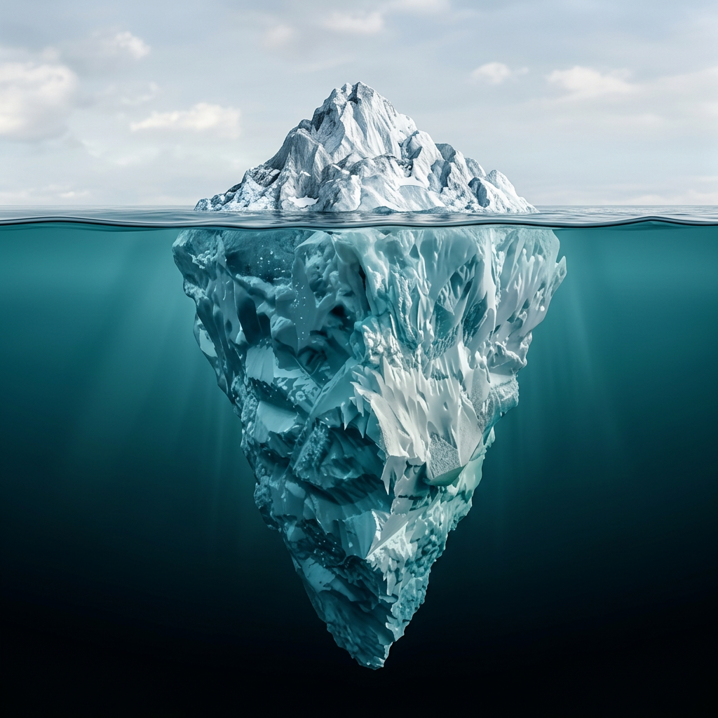 Iceberg com uma pequena parte acima da água e uma grande estrutura submersa, representando os processos que sustentam o marketing
